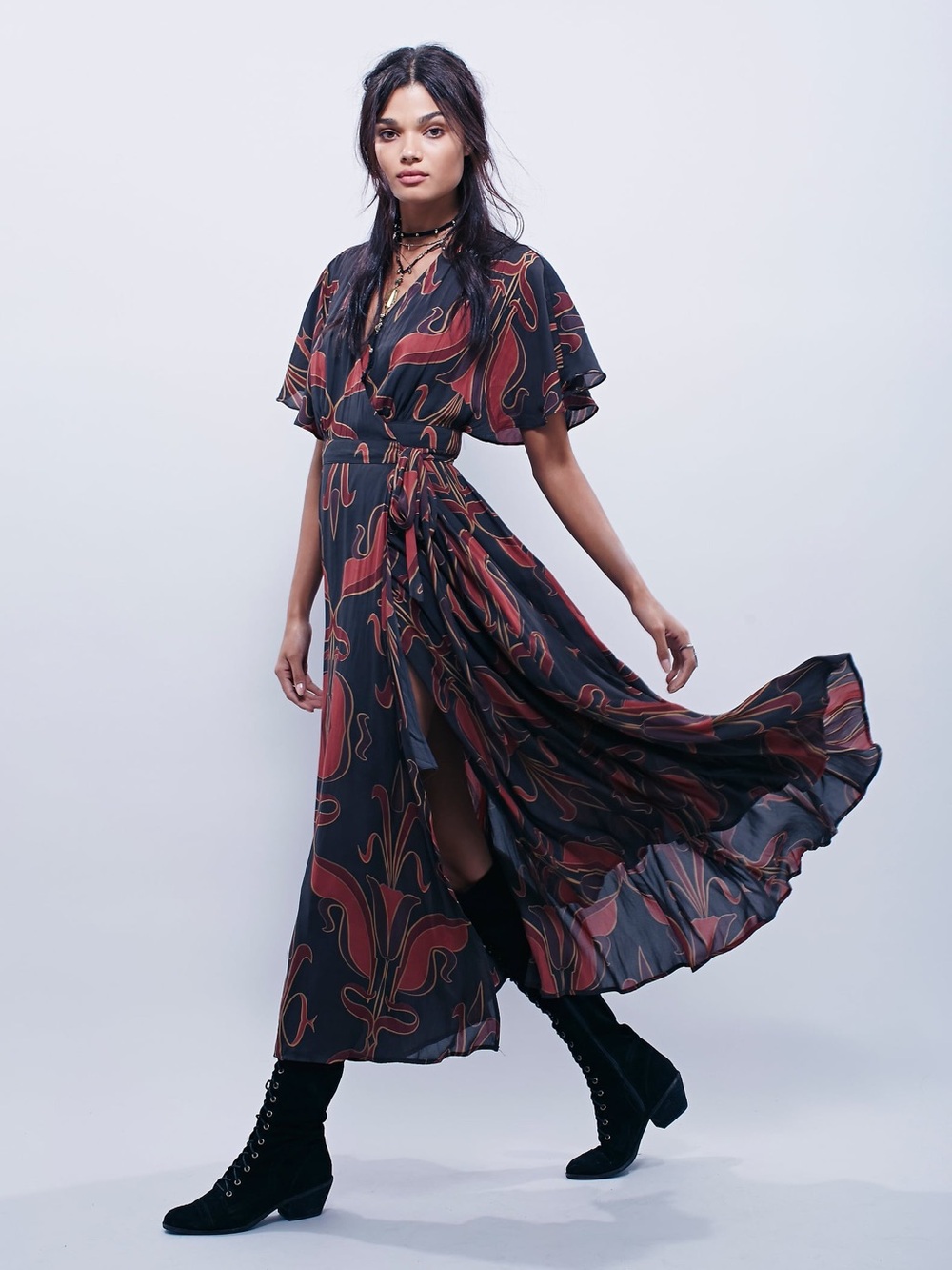 Free People Flutter Sleeve Printed Wrap Maxi Dress Size S Printed Ruffle Skirt